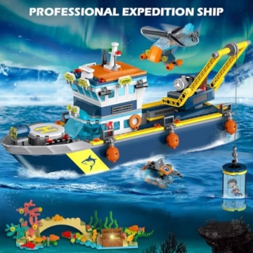 HOGOKIDS City Schwimmfähiges Boot Baukasten mit LED Licht - Spaß Arctic Explorer Schiffs Baustein Ozean Exploration mit Hubschrauber U-Boot Geburtstags Geschenk für 6+ Jahre alte Jungen Mädchen Kinder - 4