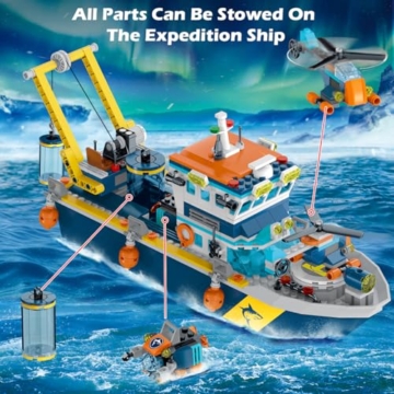 HOGOKIDS City Schwimmfähiges Boot Baukasten mit LED Licht - Spaß Arctic Explorer Schiffs Baustein Ozean Exploration mit Hubschrauber U-Boot Geburtstags Geschenk für 6+ Jahre alte Jungen Mädchen Kinder - 8