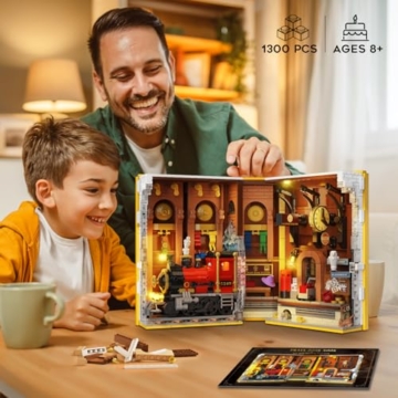 HOGOKIDS Magischer Bahnhof Book Nook Bauspielzeug Set mit LED, 1300 Pcs Buchstützen-Bausteinsatz für Bücherregal, Heimdekoration, DIY Booknook Geschenke für Erwachsene, Jungen Mädchen ab 10 Jahren - 4