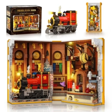 HOGOKIDS Magischer Bahnhof Book Nook Bauspielzeug Set mit LED, 1300 Pcs Buchstützen-Bausteinsatz für Bücherregal, Heimdekoration, DIY Booknook Geschenke für Erwachsene, Jungen Mädchen ab 10 Jahren - 1