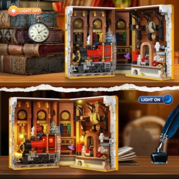 HOGOKIDS Magischer Bahnhof Book Nook Bauspielzeug Set mit LED, 1300 Pcs Buchstützen-Bausteinsatz für Bücherregal, Heimdekoration, DIY Booknook Geschenke für Erwachsene, Jungen Mädchen ab 10 Jahren - 6