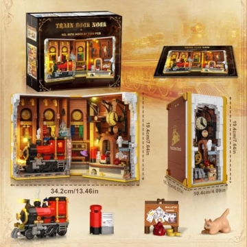 HOGOKIDS Magischer Bahnhof Book Nook Bauspielzeug Set mit LED, 1300 Pcs Buchstützen-Bausteinsatz für Bücherregal, Heimdekoration, DIY Booknook Geschenke für Erwachsene, Jungen Mädchen ab 10 Jahren - 8