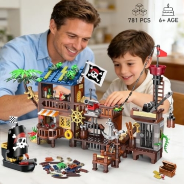 HOGOKIDS Piratenhafen Bauset mit LED, 3 Darstellungsmodi Piratenschiff-Haus-Bauspielzeug, kreatives STEM Konstruktionsspielzeug, Ostergeschenk Geburtstagsgeschenk für Jungen im Alter von 6-12 Jahren - 2