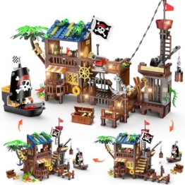 HOGOKIDS Piratenhafen Bauset mit LED, 3 Darstellungsmodi Piratenschiff-Haus-Bauspielzeug, kreatives STEM Konstruktionsspielzeug, Ostergeschenk Geburtstagsgeschenk für Jungen im Alter von 6-12 Jahren - 1