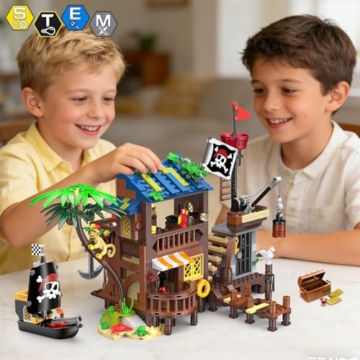 HOGOKIDS Piratenhafen Bauset mit LED, 3 Darstellungsmodi Piratenschiff-Haus-Bauspielzeug, kreatives STEM Konstruktionsspielzeug, Ostergeschenk Geburtstagsgeschenk für Jungen im Alter von 6-12 Jahren - 4