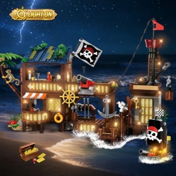 HOGOKIDS Piratenhafen Bauset mit LED, 3 Darstellungsmodi Piratenschiff-Haus-Bauspielzeug, kreatives STEM Konstruktionsspielzeug, Ostergeschenk Geburtstagsgeschenk für Jungen im Alter von 6-12 Jahren - 5