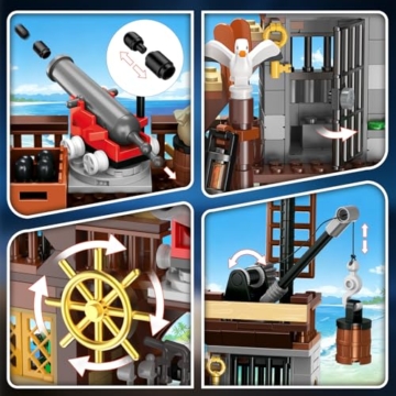 HOGOKIDS Piratenhafen Bauset mit LED, 3 Darstellungsmodi Piratenschiff-Haus-Bauspielzeug, kreatives STEM Konstruktionsspielzeug, Ostergeschenk Geburtstagsgeschenk für Jungen im Alter von 6-12 Jahren - 6