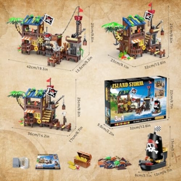 HOGOKIDS Piratenhafen Bauset mit LED, 3 Darstellungsmodi Piratenschiff-Haus-Bauspielzeug, kreatives STEM Konstruktionsspielzeug, Ostergeschenk Geburtstagsgeschenk für Jungen im Alter von 6-12 Jahren - 8
