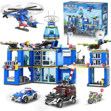 HOGOKIDS Polizeistation Bausatz – City-Polizei Baustein-Spielzeug für Jungen mit Hubschrauber, Motorrad, Auto Pädagogisches Konstruktionsspielzeug Kreativ-Geschenk für Kinder Jungen ab 6-10+ Jahren - 1