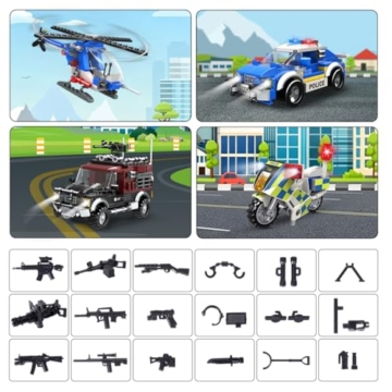 HOGOKIDS Polizeistation Bausatz – City-Polizei Baustein-Spielzeug für Jungen mit Hubschrauber, Motorrad, Auto Pädagogisches Konstruktionsspielzeug Kreativ-Geschenk für Kinder Jungen ab 6-10+ Jahren - 7