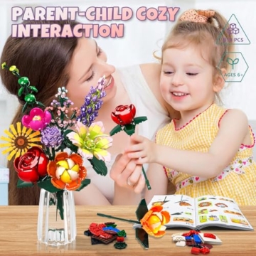 IKIDSUN Blumen Bausteine Bausatz, 9 Künstliche Blumen für Flowers, Blumenstrauß Bausteine Sets, Geschenke zum Muttertag, Geburtstag, Valentinstag Weihnachtstag, für Mädchen Erwachsene 6+, Keine Vase - 3