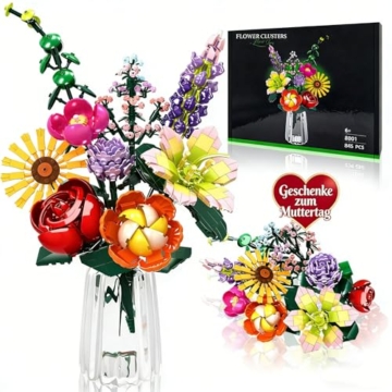 IKIDSUN Blumen Bausteine Bausatz, 9 Künstliche Blumen für Flowers, Blumenstrauß Bausteine Sets, Geschenke zum Muttertag, Geburtstag, Valentinstag Weihnachtstag, für Mädchen Erwachsene 6+, Keine Vase - 1