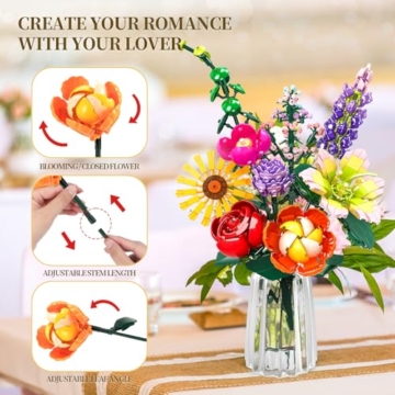 IKIDSUN Blumen Bausteine Bausatz, 9 Künstliche Blumen für Flowers, Blumenstrauß Bausteine Sets, Geschenke zum Muttertag, Geburtstag, Valentinstag Weihnachtstag, für Mädchen Erwachsene 6+, Keine Vase - 5