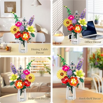 IKIDSUN Blumen Bausteine Bausatz, 9 Künstliche Blumen für Flowers, Blumenstrauß Bausteine Sets, Geschenke zum Muttertag, Geburtstag, Valentinstag Weihnachtstag, für Mädchen Erwachsene 6+, Keine Vase - 6