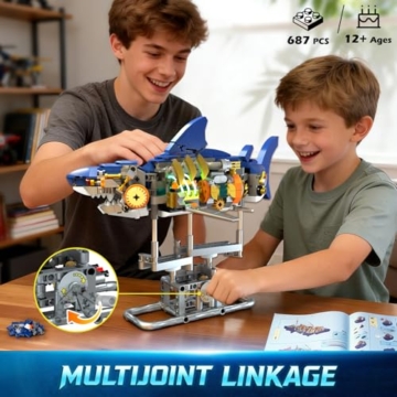 INSOON Technik Hai Bauspielzeug mit Schwenkbarem Körper & Licht, 687 Stück Meerestier Bausteine Modell mit Ständer, Kreative Haispielset Geschenkidee für Erwachsene Kinder Jungen ab 12 Jahren - 4