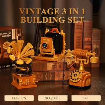 JMBricklayer 3 in 1 Retro Bausteinset für Erwachsene, 20039 Kamera Telefon Plattenspieler Klemmbausteine Spielzeug Set, Vintage Kreatives Haus Deko Modell Geschenk für Mädchen und Jungen ab 14 Jahren - 2