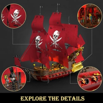JMBricklayer Piratenschiff Klemmbausteine Erwachsene mit licht, Revenge Piraten Schiffe Bausteine Modell 40003, Groß Spielzeug zum Bauen Zuhause Büro Dekor, Kinder ab 14 Jahren Piratenfans Geschenk - 6