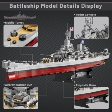 JMBricklayer Schlachtschiff-Bausatz 60011, Militär-Schlachtschiffmodell Missouri, Kriegsschiff-Sammelspielzeug für Erwachsene, Weihnachts- und Geburtstagsgeschenke für Jungen und Teenager ab 14 Jahren - 3