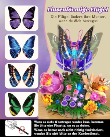 JMBricklayer Schmetterling Bauset für Erwachsene, Mystisches Flattern Bausteinset mit Botanicals Blumen und Beleuchtung Dekorative Klemmbausteine Sets, Kreative Geburtstag oder Valentinstag für sie - 3