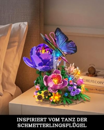 JMBricklayer Schmetterling Bauset für Erwachsene, Mystisches Flattern Bausteinset mit Botanicals Blumen und Beleuchtung Dekorative Klemmbausteine Sets, Kreative Geburtstag oder Valentinstag für sie - 6