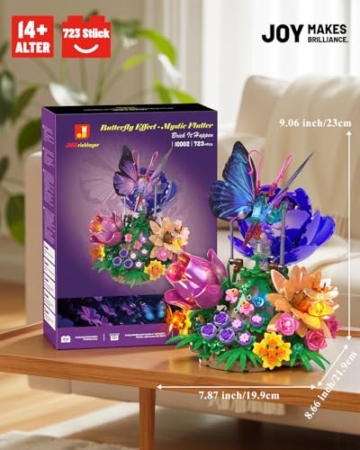 JMBricklayer Schmetterling Bauset für Erwachsene, Mystisches Flattern Bausteinset mit Botanicals Blumen und Beleuchtung Dekorative Klemmbausteine Sets, Kreative Geburtstag oder Valentinstag für sie - 7