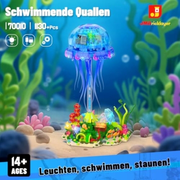 JMBricklayer Technik Quallen Bauspielzeug mit Schwenkbarem Tentakeln & Licht, 70010 Meerestier Klemmbausteine Modell mit Ständer, Kreative Heim- und Bürodekor, Geschenke für Erwachsene Kinder ab 14+ - 2