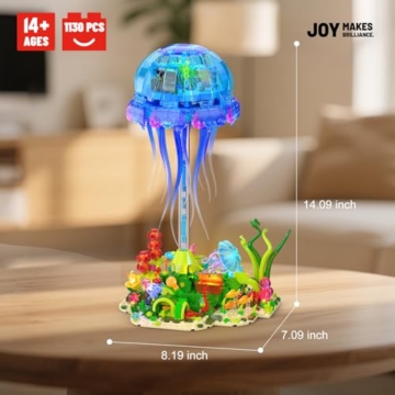 JMBricklayer Technik Quallen Bauspielzeug mit Schwenkbarem Tentakeln & Licht, 70010 Meerestier Klemmbausteine Modell mit Ständer, Kreative Heim- und Bürodekor, Geschenke für Erwachsene Kinder ab 14+ - 4