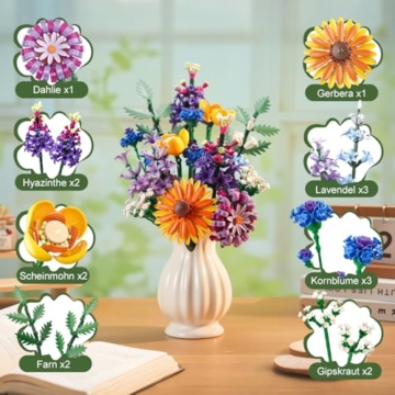 Klemmbausteine Blumen, 16 Wildblumen Set Blumenstrauß Bausteine 1183 Stück, Dekorative Flower Dahlien, Kornblumen, Lavendel und Gerbera, Geschenk für Muttertagsgeschenk Frauen Kinder Erwachsene - 6