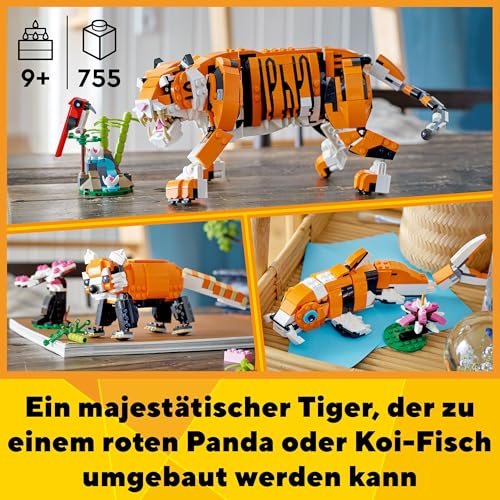 LEGO 31129 Creator Majestätischer Tiger, Panda oder Fisch, 3-in-1 Tierfiguren-Set, Spielzeug für Kinder, Jungen und Mädchen, Konstruktionsspielzeug mit Tieren - 3