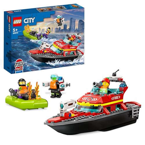 LEGO 60373 City Feuerwehrboot, Spielzeug, das im Wasser schwimmt, mit Rennboot, 3 Minifiguren und Jetpack, Feuerwehr-Boot-Spielzeug Geschenkidee für Jungen und Mädchen ab 5 Jahren - 1