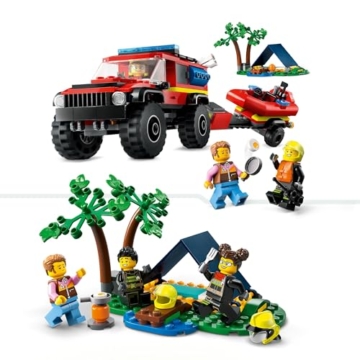 LEGO 60412 City Feuerwehrgeländewagen mit Rettungsboot, Offroad-Auto-Spielzeug für Kinder ab 5 Jahren, Rettungswagen mit Schlauchboot, Anhänger, Zelt und 3 Minifiguren, Geschenk für Jungs und Mädchen - 4