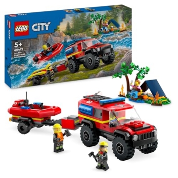LEGO 60412 City Feuerwehrgeländewagen mit Rettungsboot, Offroad-Auto-Spielzeug für Kinder ab 5 Jahren, Rettungswagen mit Schlauchboot, Anhänger, Zelt und 3 Minifiguren, Geschenk für Jungs und Mädchen - 1