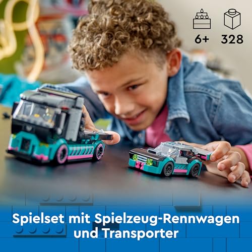 LEGO City Autotransporter mit Rennwagen, LKW-Spielzeug mit Verstellbarer Laderampe und Renn-Auto, Bauset mit 2 Minifiguren, Rennfahrer und LKW-Fahrer, Kinder ab 6 Jahren 60406 - 2