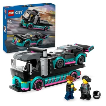 LEGO City Autotransporter mit Rennwagen, LKW-Spielzeug mit Verstellbarer Laderampe und Renn-Auto, Bauset mit 2 Minifiguren, Rennfahrer und LKW-Fahrer, Kinder ab 6 Jahren 60406 - 1