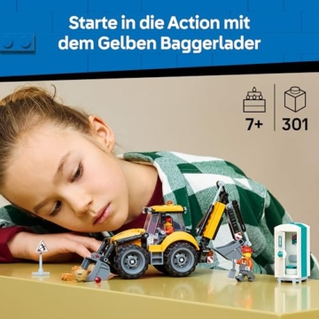 LEGO City Gelber Baggerlader - Baufahrzeug Spielzeug - Traktor mit 2 Minifiguren, funktionierender Frontschaufel und Heckbagger - Geburtstagsgeschenk für Jungen ab 7 Jahren - 60480 - 2