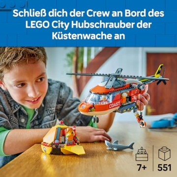 LEGO City Hubschrauber der Küstenwache - Spielzeug Einsatzfahrzeug - Modellbau mit Schiebetüren, Winde, 4 Minifiguren und Hai Figur - Geburtstagsgeschenk für Jungen ab 7 Jahren - 60503 - 2
