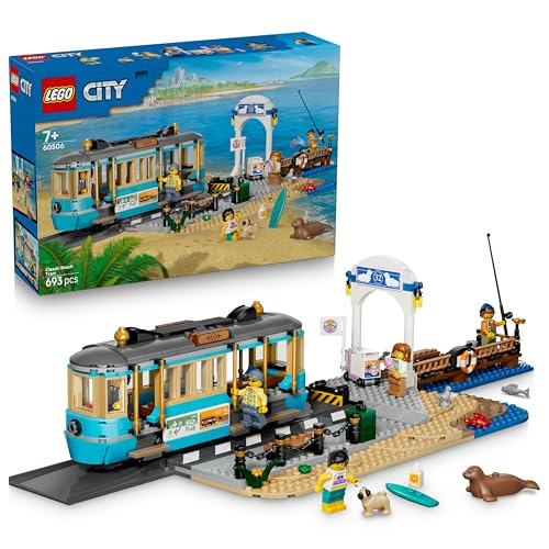 LEGO City Klassische Strandstraßenbahn Spielzeug - Modellbau mit Schienenstrecke, Straßenszene, 5 Minifiguren und 5 Tierfiguren - Geburtstagsgeschenk für Jungen ab 7 Jahren - 60506 - 1