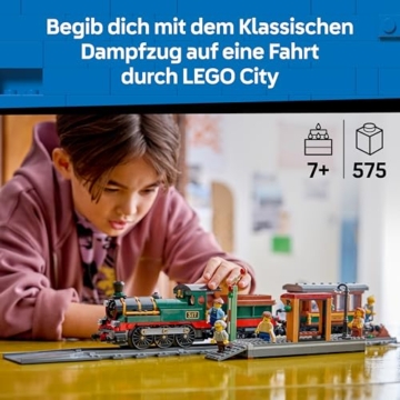 LEGO City Klassischer Dampfzug Spielzeug - STEM Modellbausatz - Set mit Bahnhof, Schienen, Führerstand Steuerung, Haltesignal und 5 Minifiguren - Geburtstagsgeschenk für Jungen ab 7 Jahren - 60511 - 2