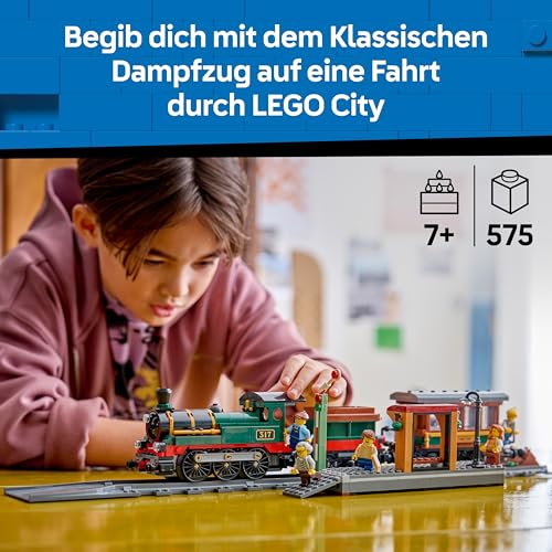 LEGO City Klassischer Dampfzug Spielzeug - STEM Modellbausatz - Set mit Bahnhof, Schienen, Führerstand Steuerung, Haltesignal und 5 Minifiguren - Geburtstagsgeschenk für Jungen ab 7 Jahren - 60511 - 2