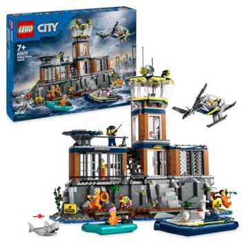 LEGO City Police Prison Island Toy for 7 Plus Year Old Boys, Girls & Kids, Emergency Vehicles Set with Helicopter, Boat, 7 Minifigures, Dog & Shark Figures for Imaginative Play, Birthday Gift 60419 - 1