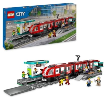 LEGO City Straßenbahn mit Haltestelle, Geschenkidee für Fans von Fahrzeug-Spielzeug ab 7 Jahren, mit 6 Minifiguren und einem Blindenhund für Rollenspiele, Bauspielzeug 60423 - 1