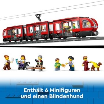 LEGO City Straßenbahn mit Haltestelle, Geschenkidee für Fans von Fahrzeug-Spielzeug ab 7 Jahren, mit 6 Minifiguren und einem Blindenhund für Rollenspiele, Bauspielzeug 60423 - 6