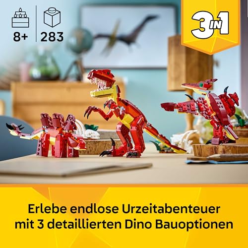 LEGO Creator 3-in-1-Set 31379 Wilder Dinosaurier Spielzeug - Set mit 3 Bauoptionen, Velociraptor, Stegosaurus oder Flugsaurier - Figuren für Kinder ab 8 Jahren - Geschenk für Jungen & Mädchen - 31379 - 2