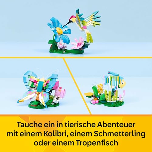LEGO Creator 3-in-1-Set Wilde Tiere: Bunter Kolibri - Tier Modellbau & Konstruktionsspielzeug - Bauset mit 3 Bauoptionen: Kolibri, Schmetterling oder Fisch - Kreatives Geschenk für Kinder - 31384 - 3