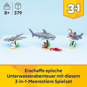 LEGO Creator 3-in-1-Set Wilder Hai mit Schatztruhe - Kreatives Spielzeug & Konstruktionsspielzeug - Meerestiere Bauset mit Hai Figur - Geschenk für Kinder ab 8 Jahren mit 3 Bauoptionen - 31381 - 2
