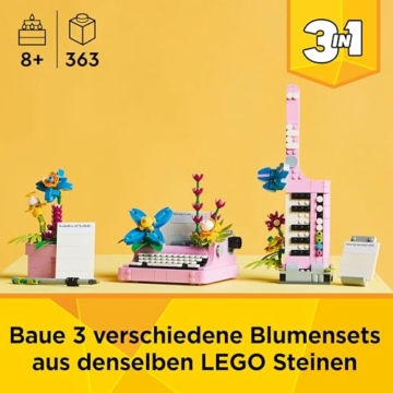 LEGO Creator 3in1 Schreibmaschine mit Blumen - umbaubar in eine Keytar oder einen Blumentopf mit Stift & Notizbuch – Kreatives Geburtstagsgeschenk für Mädchen und Jungen ab 8 Jahren – 31169 - 2
