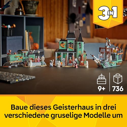 LEGO Creator Geisterhaus - 3-in-1 Spielzeug mit Haus - Bauset umbaubar in Schiff oder Zug - Mit 5 gruseligen Minifiguren - Cooles Halloweengeschenk für Jungen und Mädchen ab 9 Jahren - 31167 - 2