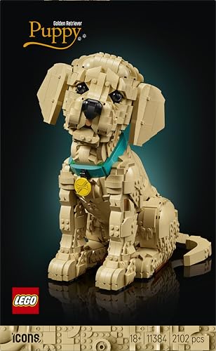 LEGO Icons Golden Retriever Welpe - Modellbau für Erwachsene - 3D Tierfigur zum Ausstellen mit Halsband & Medaille - DIY Deko für Regal oder Schreibtisch - Geschenkidee für Kunst- & Bastelfans - 11384 - 3