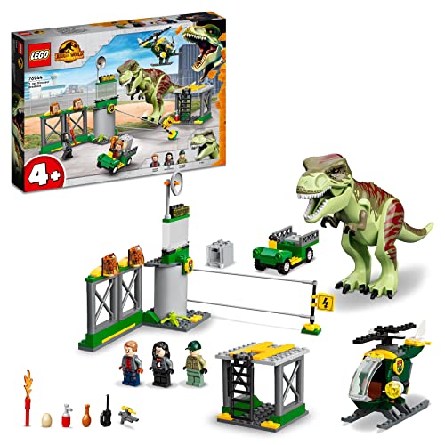 LEGO Jurassic World T. Rex Ausbruch, Dinosaurier-Spielzeug ab 4 Jahren, Set mit großer Dino-Figur, Hubschrauber, Flughafen und Spielzeugauto, Geschenk für Fans der Jurassic Park-Filme 76944 - 1