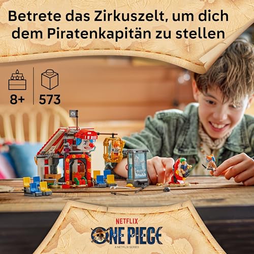 LEGO ONE PIECE Zirkuszelt von Buggy dem Clown - Interaktives Spielzeug mit 4 Minifiguren - Ruffy, Nami & Zoro sowie 2 Steckbriefen - Kreatives Geschenk für Jungen, Mädchen & Fans ab 8 Jahren - 75637 - 2